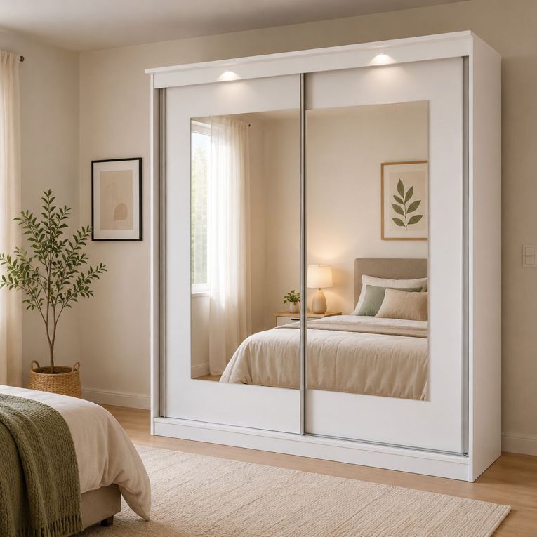 Guardaroba 2 Ante Bianco Traparente 5 Ripiani Appendiabiti 180x195h cm, 2 Ante - Lesale
