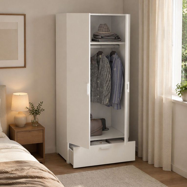 Guardaroba 2 Ante Bianco un Cassetto Appendiabiti 80x180h cm, 2 Ripiani - Vacone