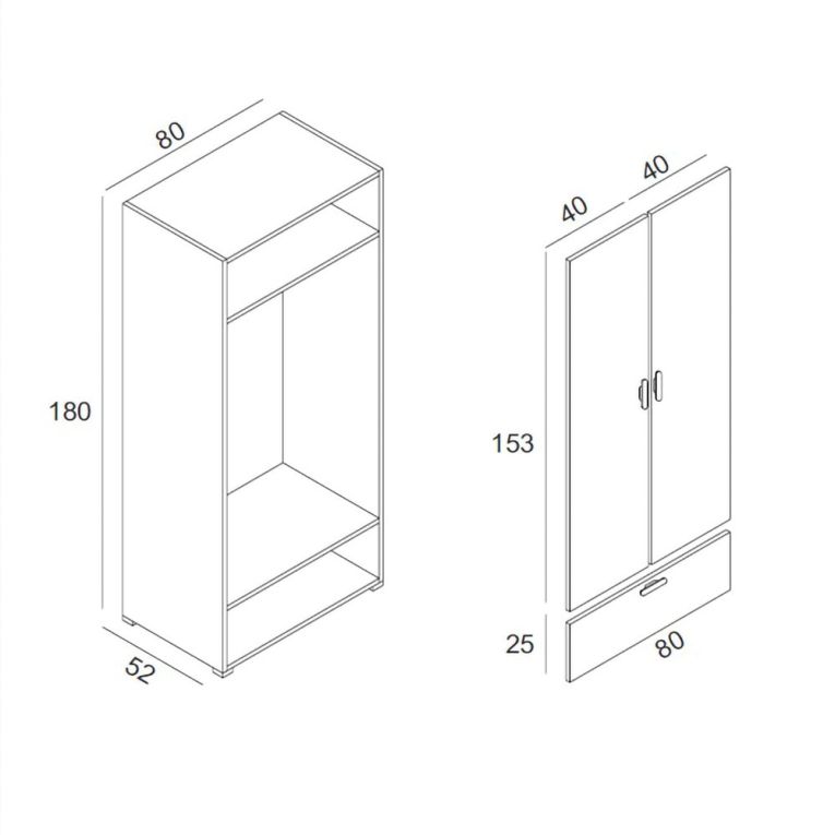 Guardaroba 2 Ante Bianco un Cassetto Appendiabiti 80x180h cm, 2 Ripiani - Vacone