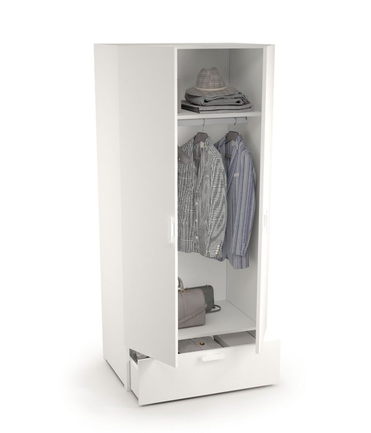 Guardaroba 2 Ante Bianco un Cassetto Appendiabiti 80x180h cm, 2 Ripiani - Vacone