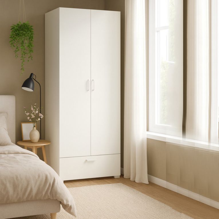 Guardaroba 2 Ante Bianco un Cassetto Appendiabiti 80x180h cm, 2 Ripiani - Vacone