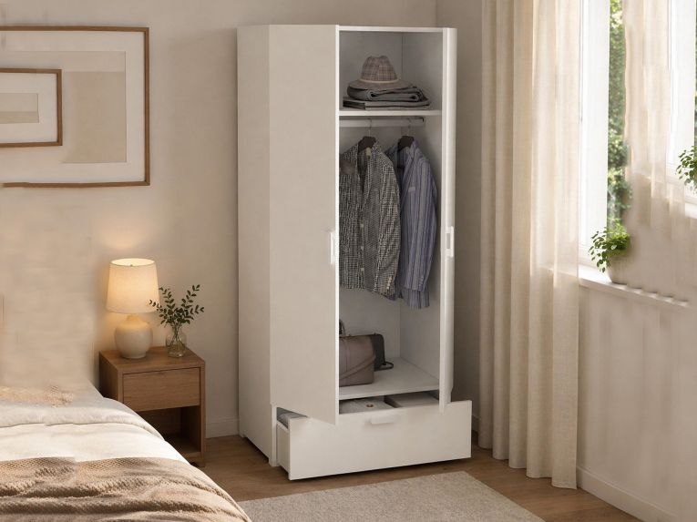 Guardaroba 2 Ante Bianco un Cassetto Appendiabiti 80x180h cm, 2 Ripiani - Vacone