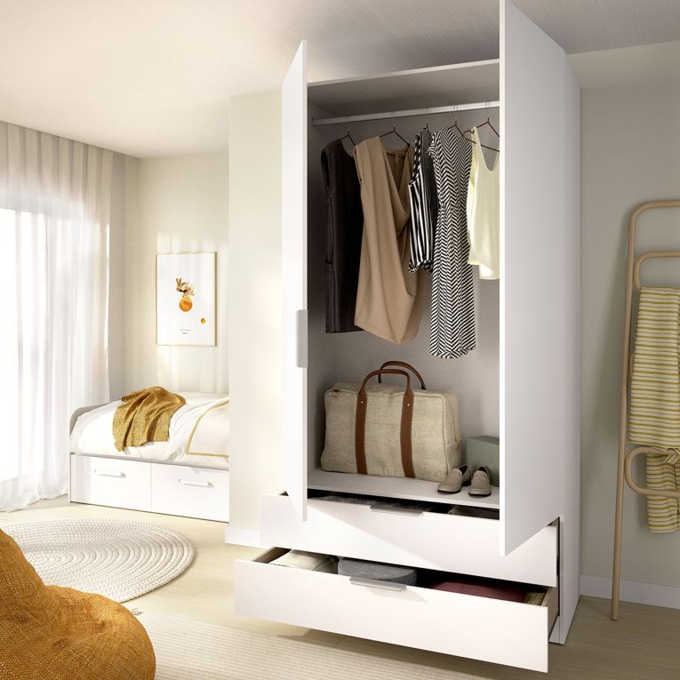 Guardaroba 2 Ante Bianco un Ripiano Appendiabiti 51x204h cm, 2 Cassetti - Montclare
