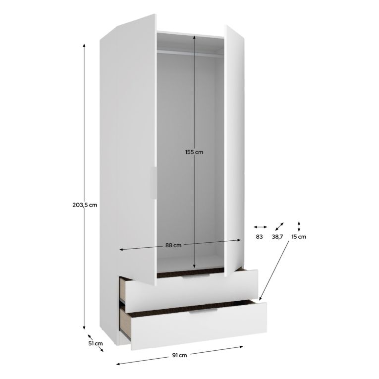 Guardaroba 2 Ante Bianco un Ripiano Appendiabiti 51x204h cm, 2 Cassetti - Montclare