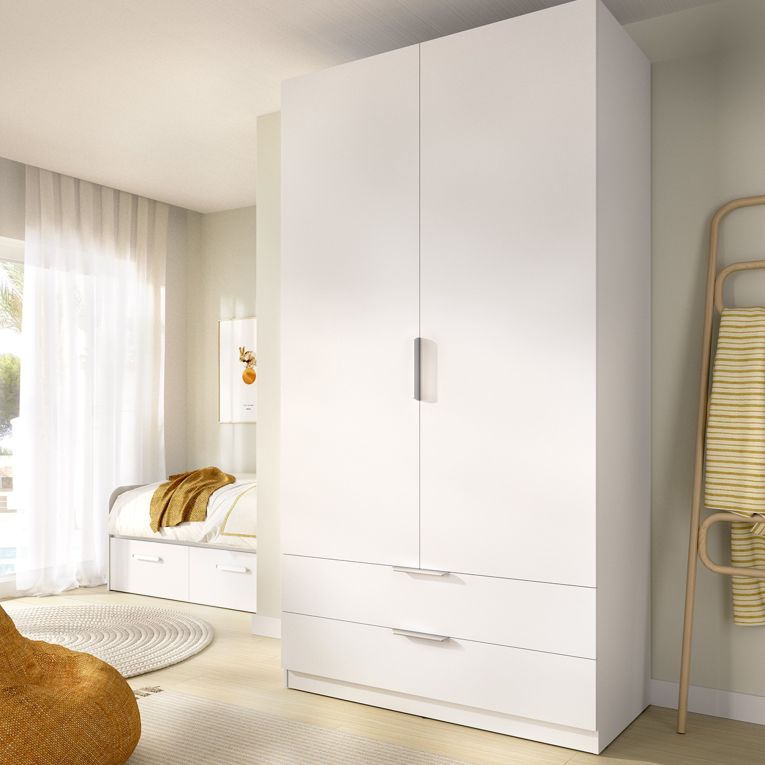 Guardaroba 2 Ante Bianco un Ripiano Appendiabiti 51x204h cm, 2 Cassetti - Montclare