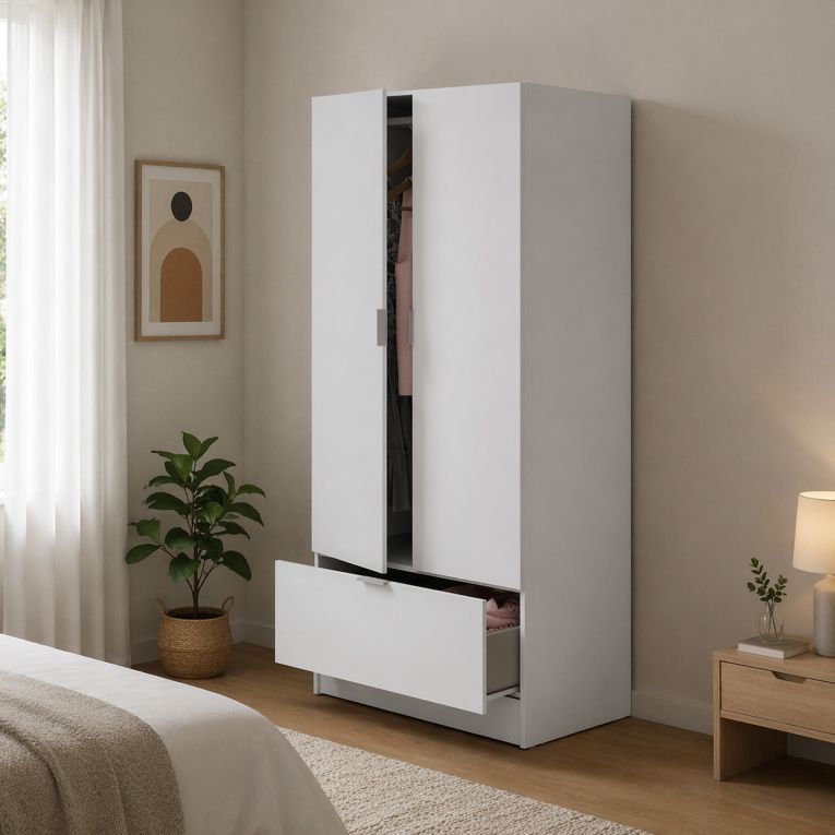 Guardaroba 2 Ante Bianco un Ripiano Appendiabiti 80x170h cm, un Cassetto - Budoia