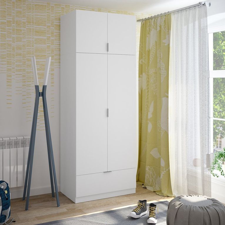 Guardaroba 2 Ante Bianco un Ripiano Appendiabiti 80x170h cm, un Cassetto - Budoia