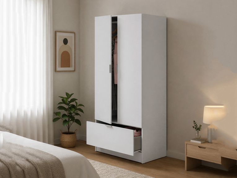 Guardaroba 2 Ante Bianco un Ripiano Appendiabiti 80x170h cm, un Cassetto - Budoia