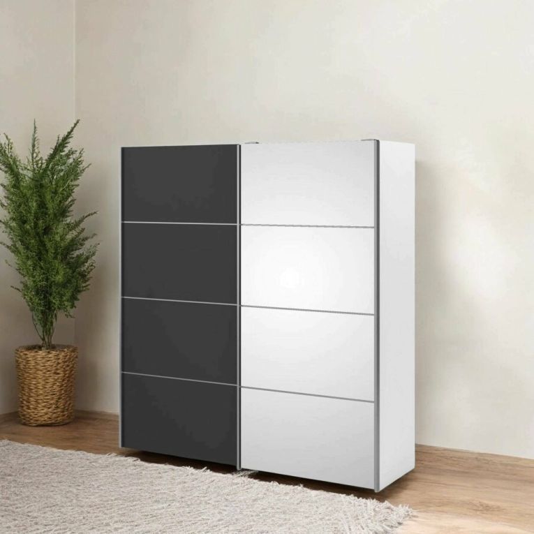 Guardaroba 2 ante Blandina, Mobile camera da letto, Cabina armadio portabiti, Armadio appendiabiti, 182x64 h202 cm, Bianco e Grigio