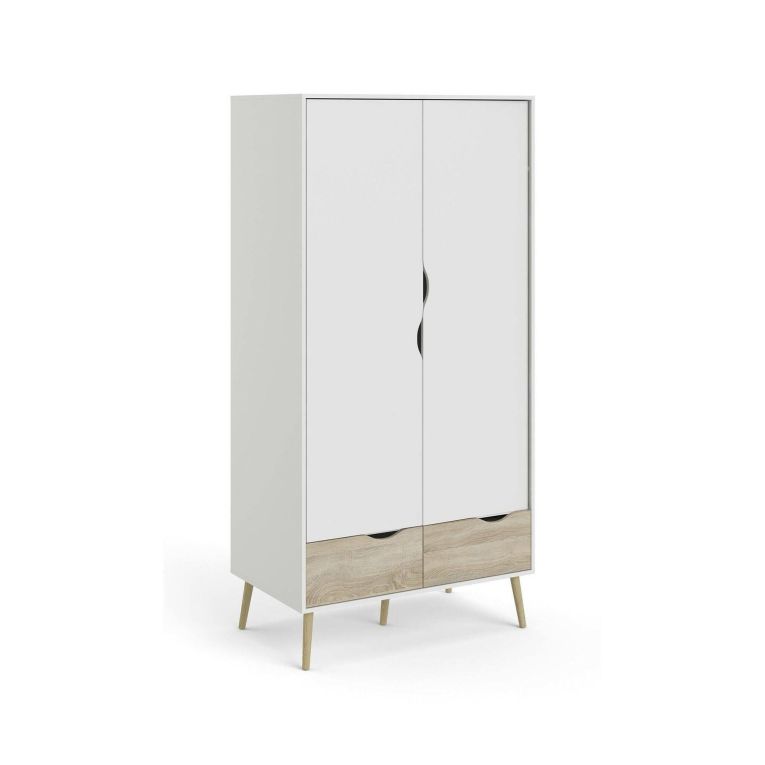 Guardaroba 2 ante Celestine, Mobile camera da letto, Cabina armadio portabiti, Armadio appendiabiti, 99x58 h200 cm, Bianco e Quercia