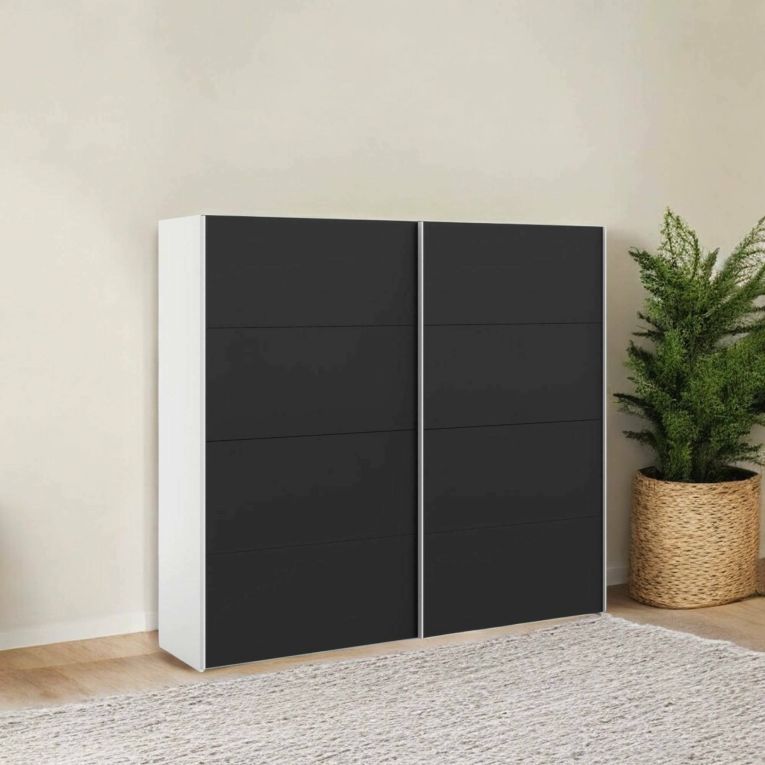 Guardaroba 2 ante Damienne, Mobile camera da letto, Cabina armadio portabiti, Armadio appendiabiti, 61x243 h220 cm, Bianco e Nero