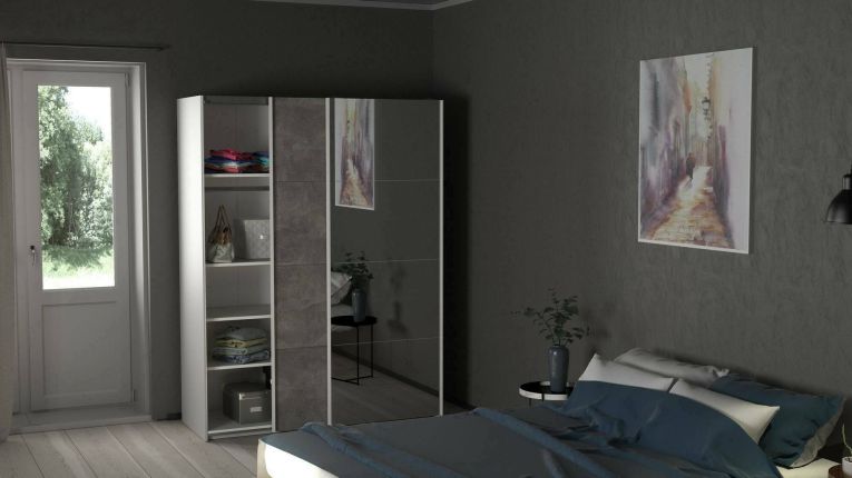 Guardaroba 2 ante Diandra, Mobile camera da letto, Cabina armadio portabiti, Armadio appendiabiti, 61x150 h200 cm, Bianco e Grigio