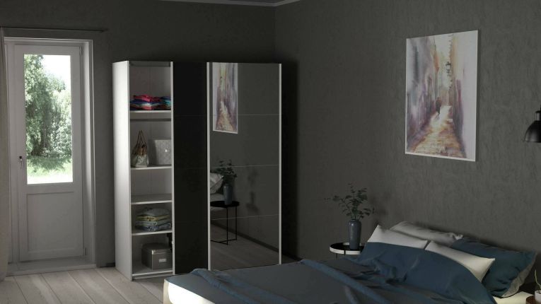 Guardaroba 2 ante Diandra, Mobile camera da letto, Cabina armadio portabiti, Armadio appendiabiti, 61x150 h200 cm, Bianco e Nero