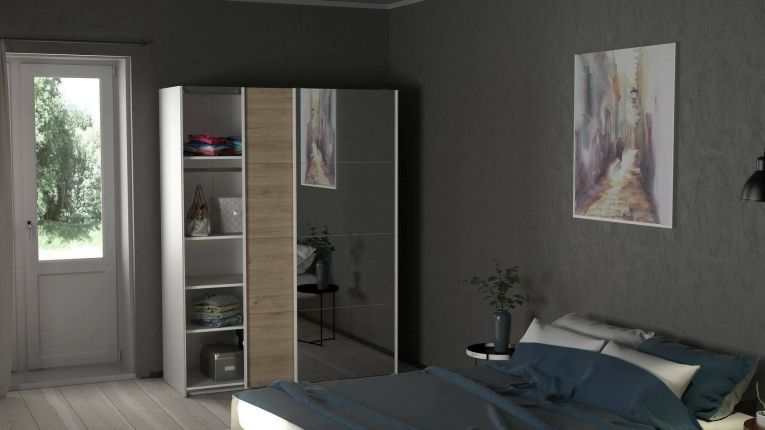 Guardaroba 2 ante Diandra, Mobile camera da letto, Cabina armadio portabiti, Armadio appendiabiti, 61x150 h200 cm, Bianco e Rovere