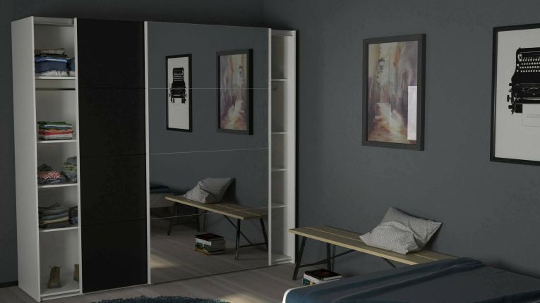 Guardaroba 2 ante Eloina, Mobile camera da letto, Cabina armadio portabiti, Armadio appendiabiti, 61x243 h220 cm, Bianco e Nero