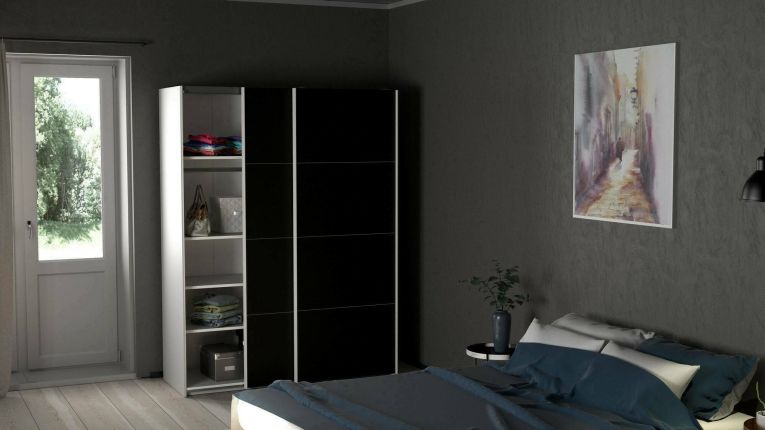Guardaroba 2 ante Elvire, Mobile camera da letto, Cabina armadio portabiti, Armadio appendiabiti, 61x150 h200 cm, Bianco e Nero