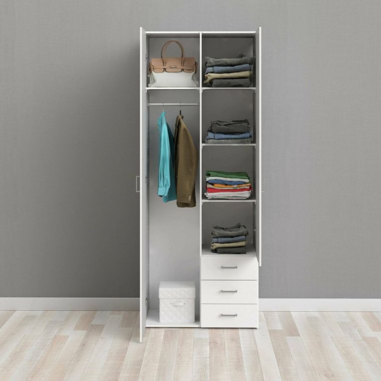 Guardaroba 2 ante Emilie, Mobile camera da letto, Cabina armadio portabiti, Armadio appendiabiti, 77x50 h200 cm, Bianco