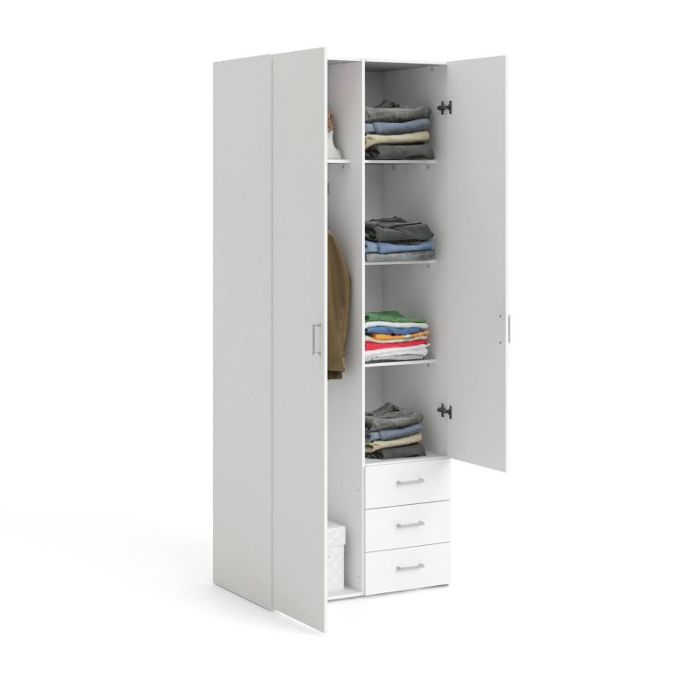 Guardaroba 2 ante Emilie, Mobile camera da letto, Cabina armadio portabiti, Armadio appendiabiti, 77x50 h200 cm, Bianco
