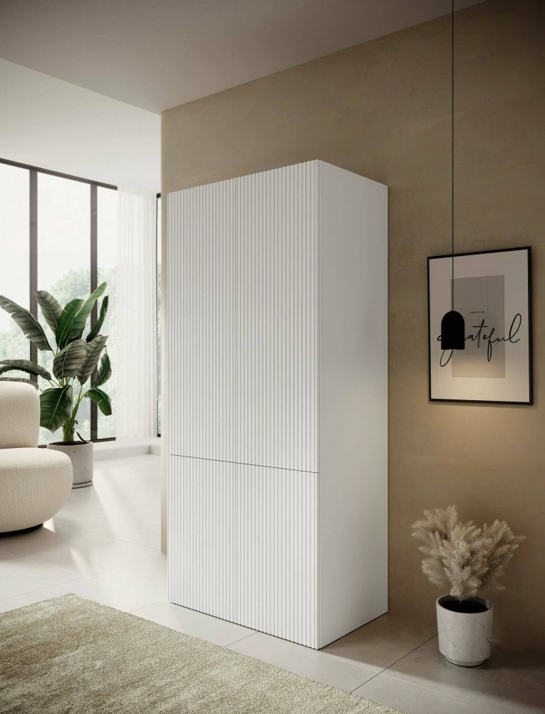 Guardaroba 2 ante Esposende, Mobile multifunzionale con due ripiani interni e barra appendiabiti, Finitura effetto cannettato, 90x56 h199 cm, Bianco