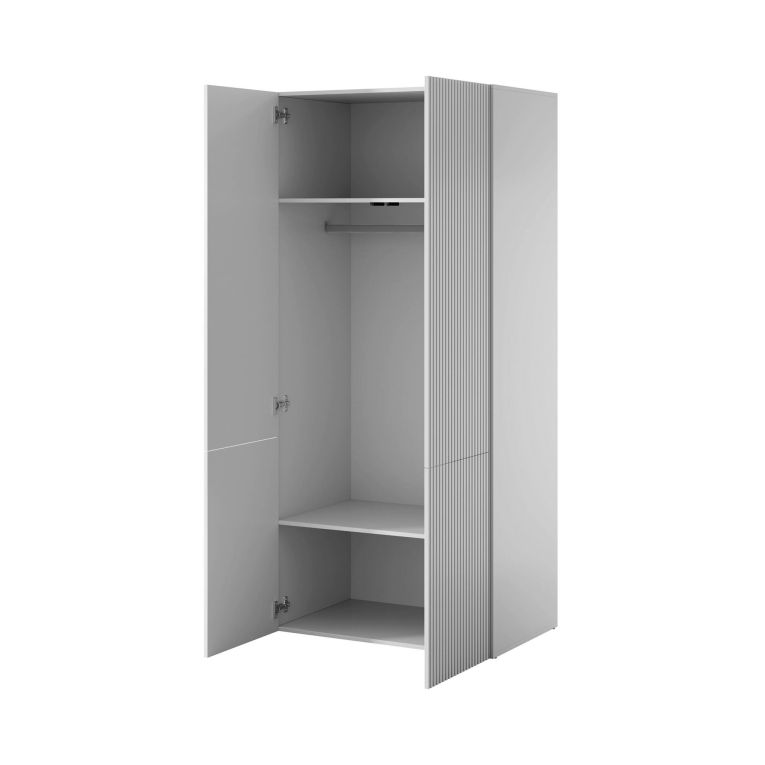 Guardaroba 2 ante Esposende, Mobile multifunzionale con due ripiani interni e barra appendiabiti, Finitura effetto cannettato, 90x56 h199 cm, Bianco