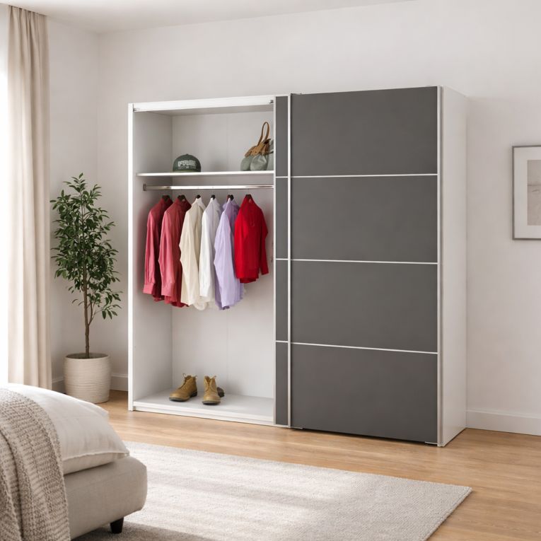Guardaroba 2 Ante Grigio Scuro Bianco Appendiabiti 2 Ripiani 182x202h cm, 2 Ante - Accadia
