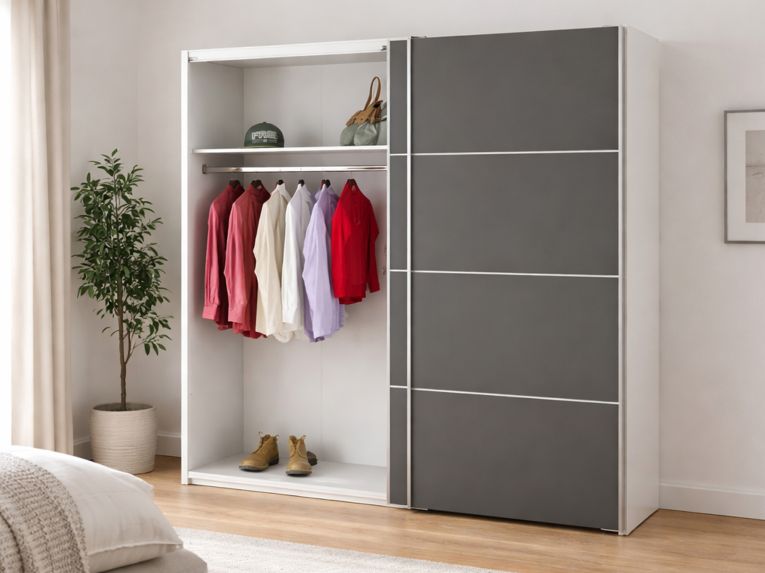 Guardaroba 2 Ante Grigio Scuro Bianco Appendiabiti 2 Ripiani 182x202h cm, 2 Ante - Accadia