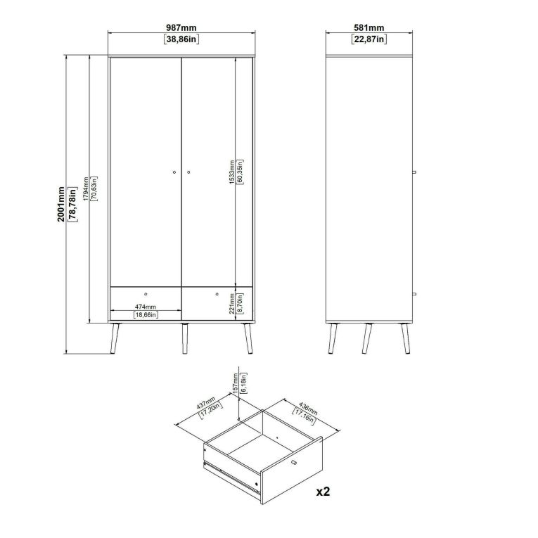Guardaroba 2 ante Jolene, Mobile camera da letto, Cabina armadio portabiti, Armadio appendiabiti, 58x99 h200 cm, Bianco