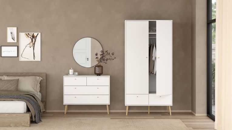Guardaroba 2 ante Jolene, Mobile camera da letto, Cabina armadio portabiti, Armadio appendiabiti, 58x99 h200 cm, Bianco