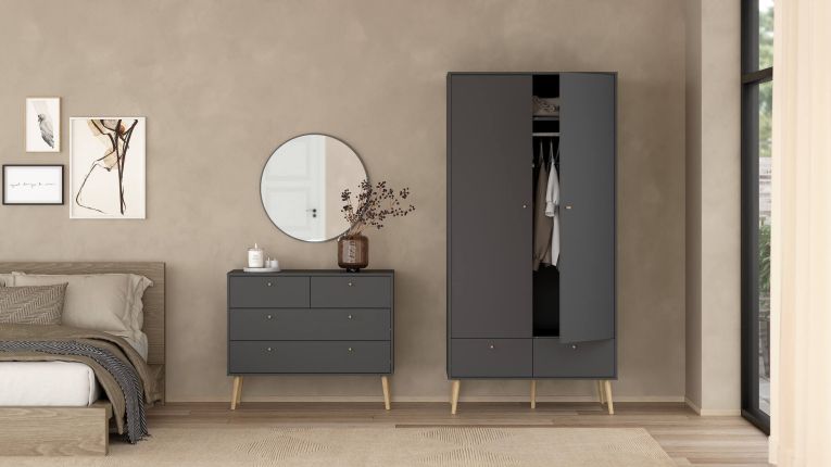 Guardaroba 2 ante Jolene, Mobile camera da letto, Cabina armadio portabiti, Armadio appendiabiti, 58x99 h200 cm, Grigio