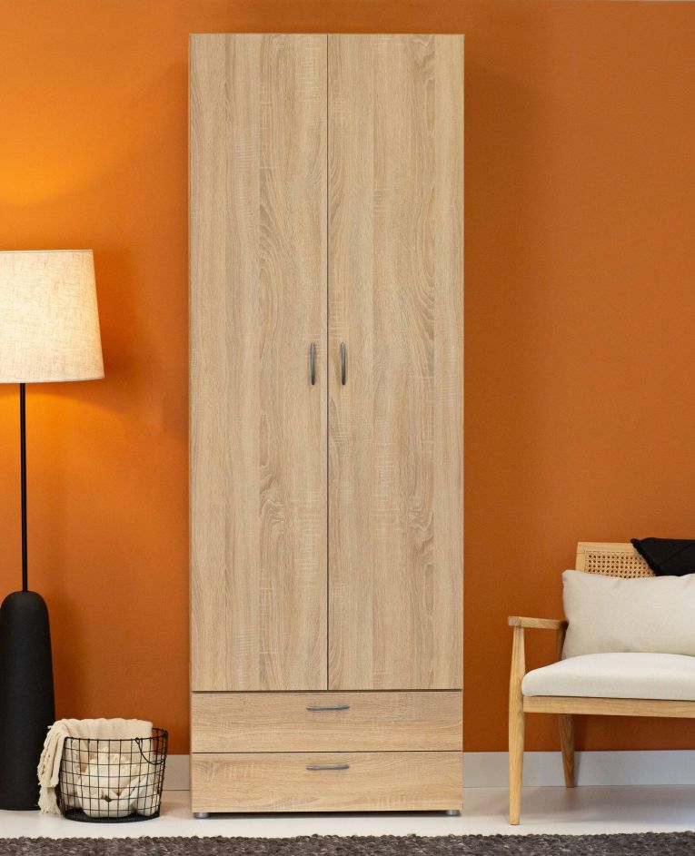 Guardaroba 2 ante Kilkenny, Mobile camera da letto, Cabina armadio portabiti, Armadio appendiabiti, 74x52 h214 cm, Rovere