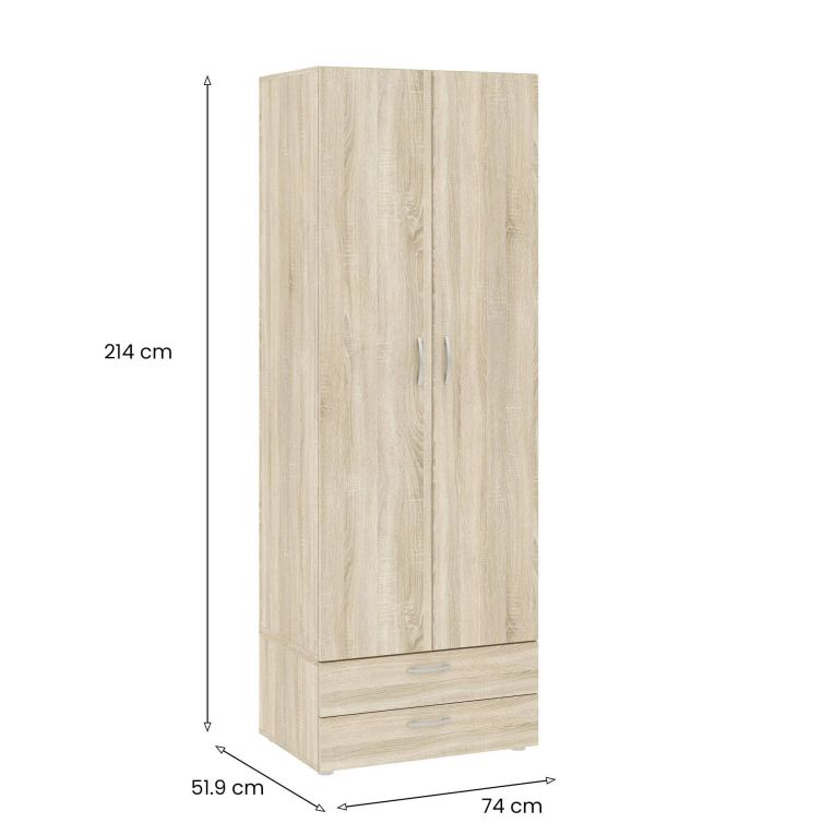 Guardaroba 2 ante Kilkenny, Mobile camera da letto, Cabina armadio portabiti, Armadio appendiabiti, 74x52 h214 cm, Rovere