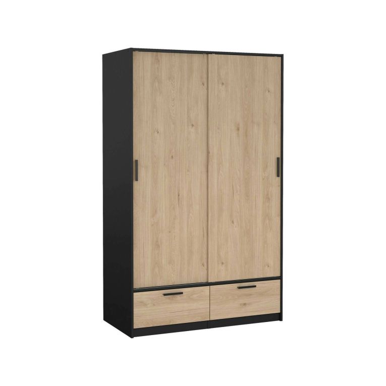 Guardaroba 2 ante Leonore, Mobile camera da letto, Cabina armadio portabiti, Armadio appendiabiti, 60x121 h200 cm, Nero e Rovere