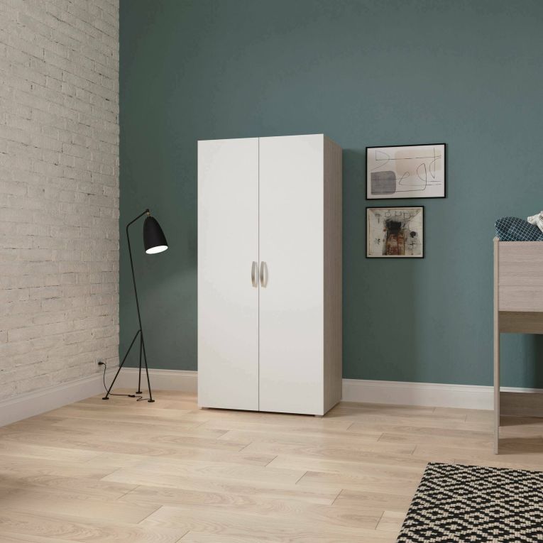 Guardaroba 2 ante Loire, Mobile camera da letto, Cabina armadio portabiti, Armadio appendiabiti, 79x52 h166 cm, Rovere e Bianco opaco
