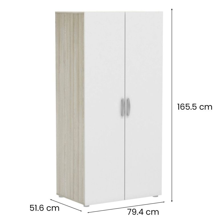 Guardaroba 2 ante Loire, Mobile camera da letto, Cabina armadio portabiti, Armadio appendiabiti, 79x52 h166 cm, Rovere e Bianco opaco