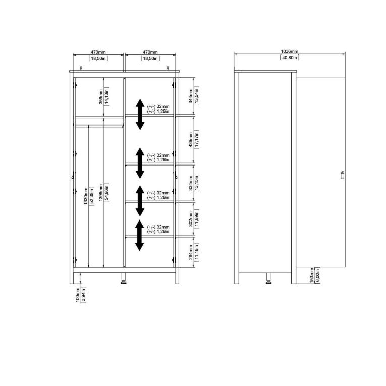 Guardaroba 2 ante Madeline, Mobile camera da letto, Cabina armadio portabiti, Armadio appendiabiti, 58x102 h199 cm, Bianco