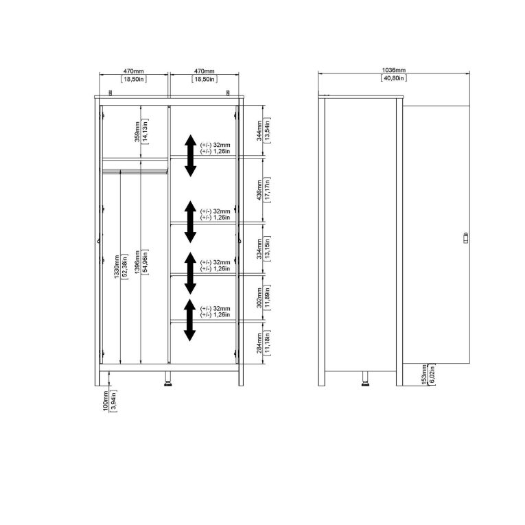 Guardaroba 2 ante Madeline, Mobile camera da letto, Cabina armadio portabiti, Armadio appendiabiti, 58x102 h199 cm, Nero