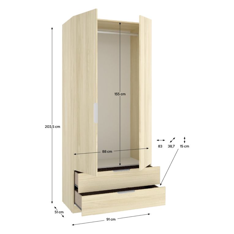 Guardaroba 2 Ante Marrone Bianco Rovere Appendiabiti 2 Cassetti 51x204h cm, un Ripiano - Montclare