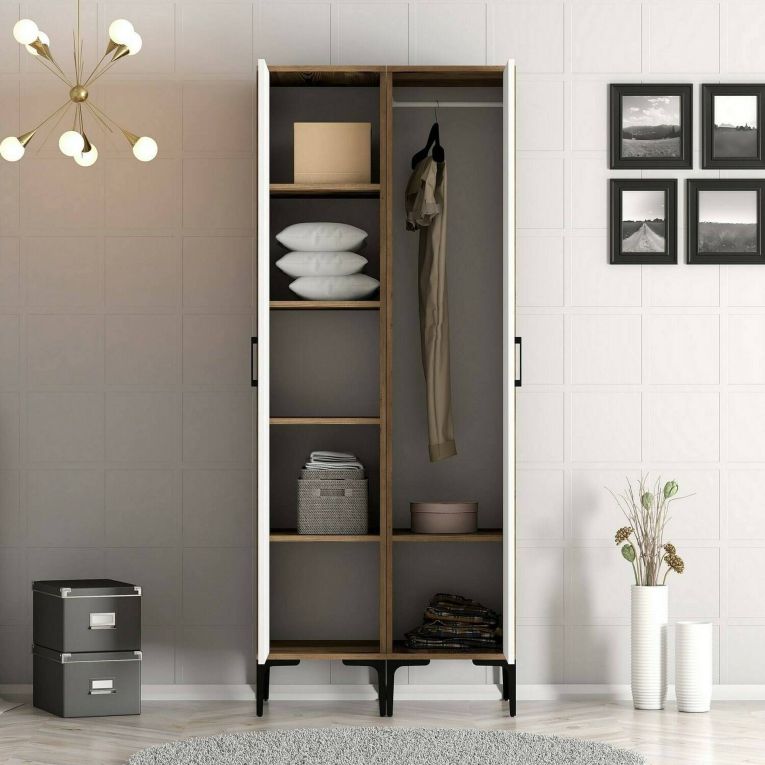 Guardaroba 2 Ante Marrone Noce Bianco Appendiabiti 5 Ripiani 80x201h cm, 2 Ante - Acate