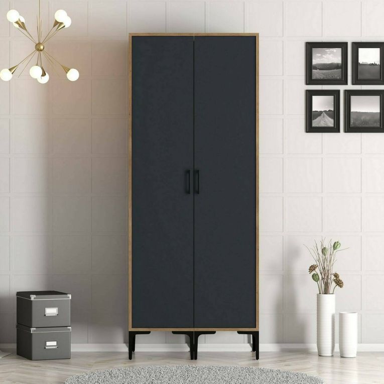 Guardaroba 2 Ante Marrone Noce Nero Antracite Appendiabiti 5 Ripiani 80x201h cm, 2 Ante - Acate