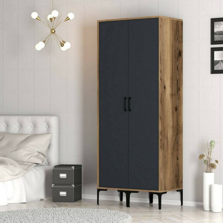 Guardaroba 2 Ante Marrone Noce Nero Antracite Appendiabiti 5 Ripiani 80x201h cm, 2 Ante - Acate