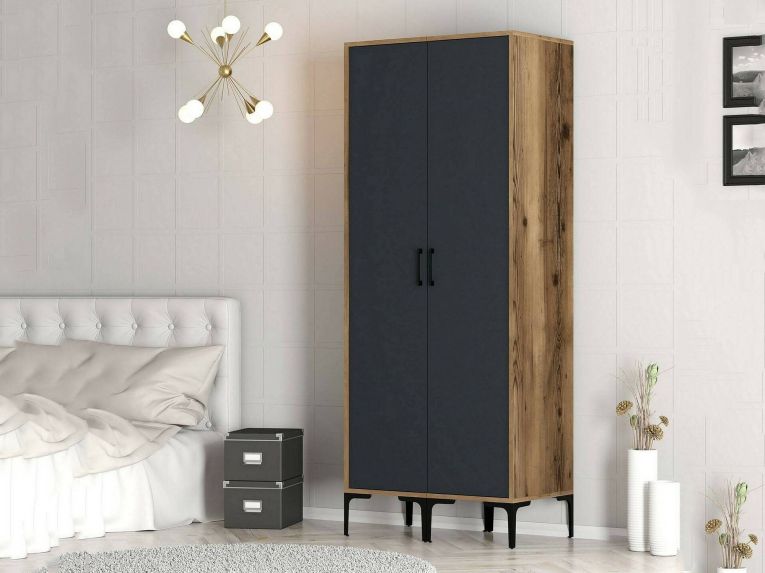 Guardaroba 2 Ante Marrone Noce Nero Antracite Appendiabiti 5 Ripiani 80x201h cm, 2 Ante - Acate