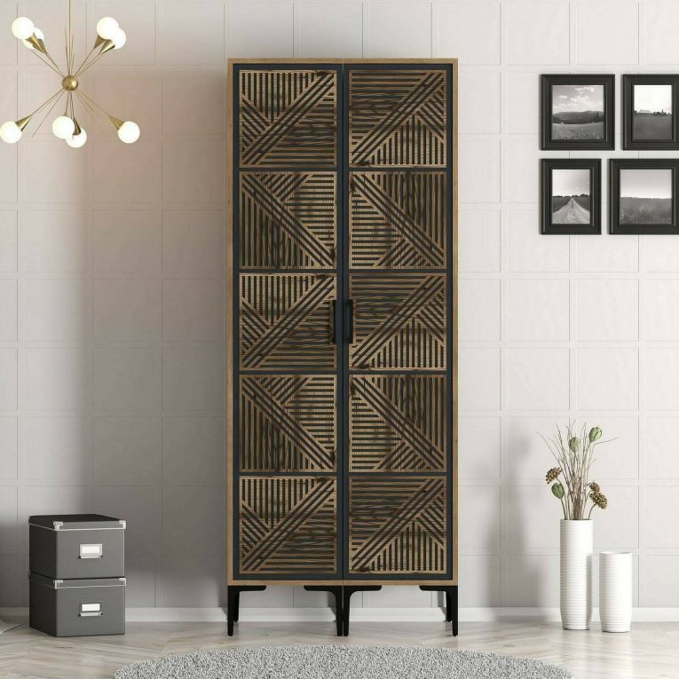 Guardaroba 2 Ante Marrone Noce Nero Antracite Appendiabiti Dettaglio geometrico 80x201h cm, 2 Ante - Acate