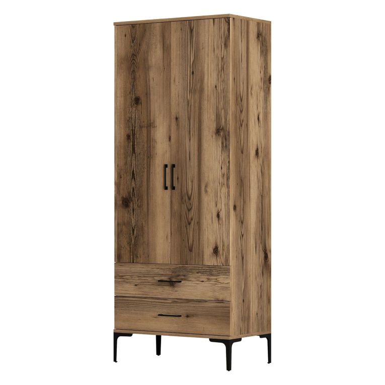 Guardaroba 2 Ante Marrone Noce un Ripiano 2 Cassetti 80x201h cm, Appendiabiti - Paolina