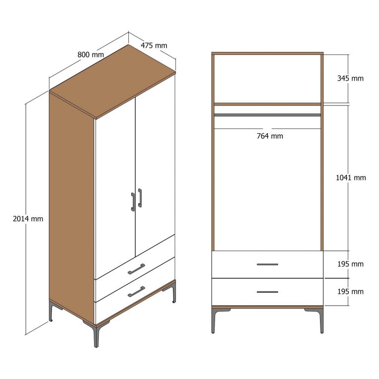 Guardaroba 2 Ante Marrone Noce un Ripiano 2 Cassetti 80x201h cm, Appendiabiti - Paolina