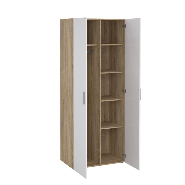 Guardaroba 2 Ante Marrone Quercia Bianco Lucido Appendiabiti 5 Ripiani 78.7x200.9h cm, 2 Ante - Argor