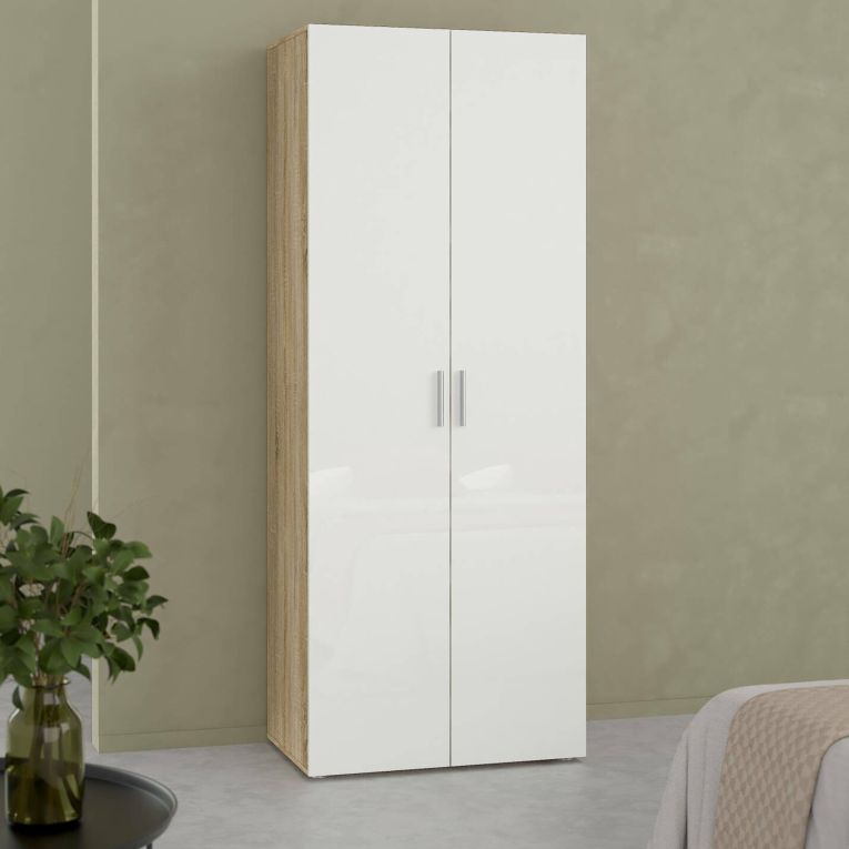 Guardaroba 2 Ante Marrone Quercia Bianco Lucido Appendiabiti 5 Ripiani 78.7x200.9h cm, 2 Ante - Argor