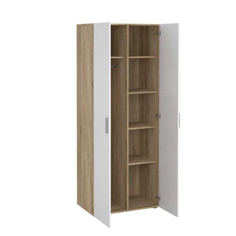 Guardaroba 2 Ante Marrone Quercia Bianco Lucido Appendiabiti 5 Ripiani 78.7x200.9h cm, 2 Ante - Argor