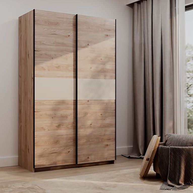 Guardaroba 2 Ante Marrone Rovere Beige Cashmere 2 Ripiani Appendiabiti 120x204h cm, 2 Ante - Maba