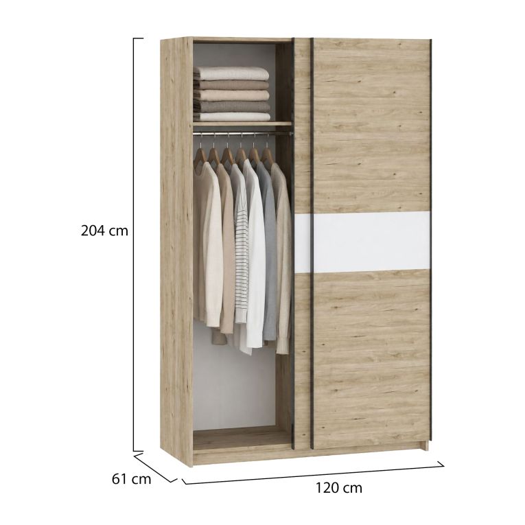 Guardaroba 2 Ante Marrone Rovere Bianco 2 Ripiani Appendiabiti 120x204h cm, 2 Ante - Maba