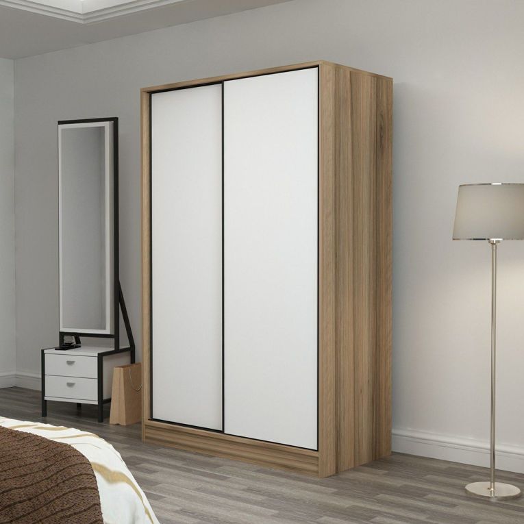 Guardaroba 2 Ante Marrone Rovere Bianco 5 Ripiani Appendiabiti 120x190h cm, Apertura Scorrevole - Pozzilli